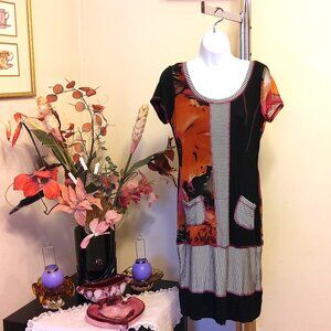 NWOT OH LA LA! Women's Short Sleeve Scoop Neck Black Orange Printed Summer Dress